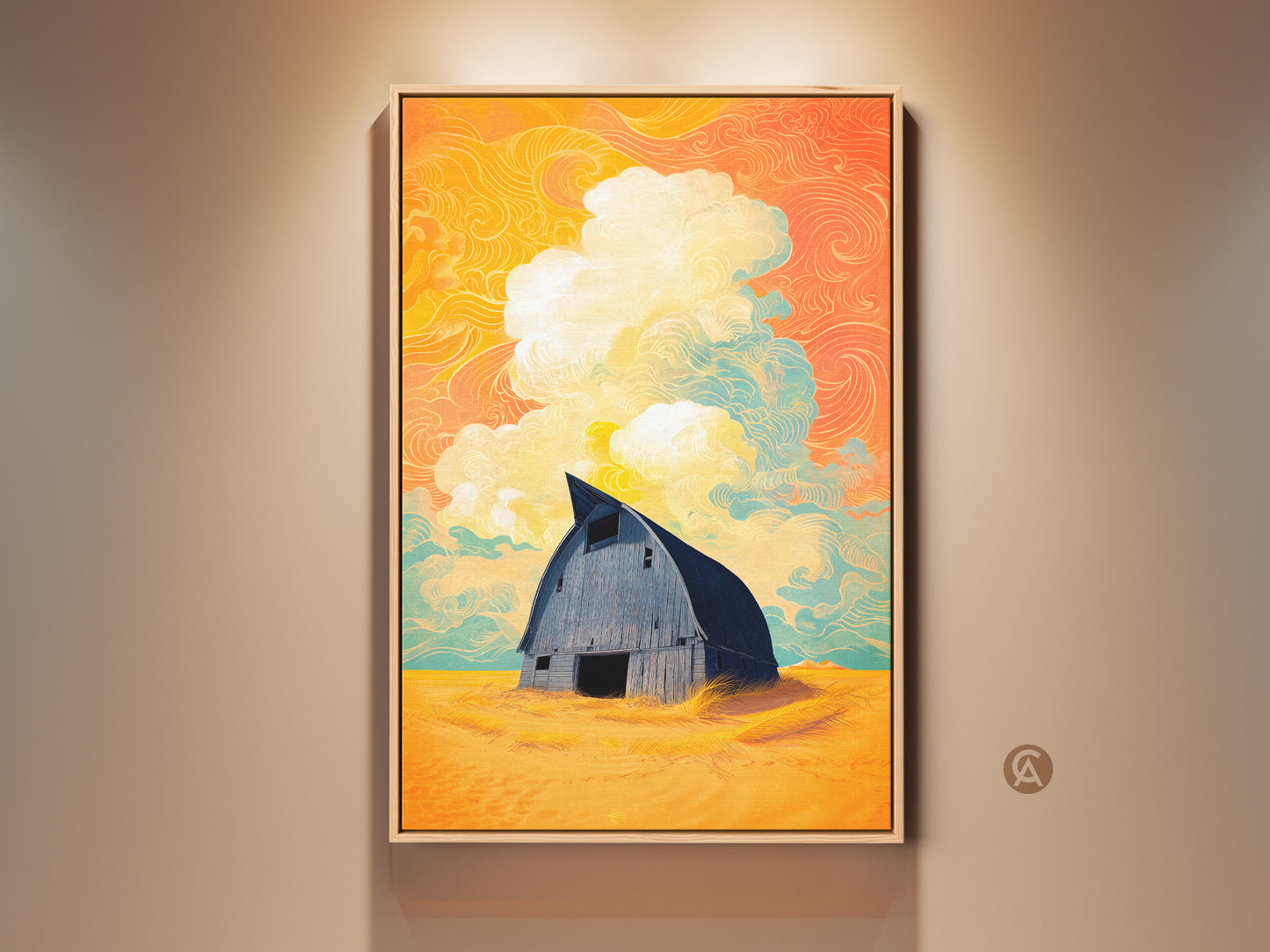 Framed surreal barn canvas art on a wall. This stylized landscape print uses yellow orange teal art. The artwork adds an eclectic touch to country home decor. The art piece enhances an entry hall's aesthetic. The barn art embodies a surreal landscape with artistic cloudscape.