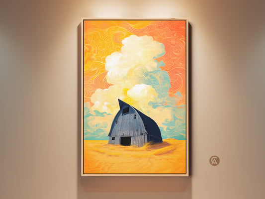 Framed surreal barn canvas art on a wall. This stylized landscape print uses yellow orange teal art. The artwork adds an eclectic touch to country home decor. The art piece enhances an entry hall's aesthetic. The barn art embodies a surreal landscape with artistic cloudscape.