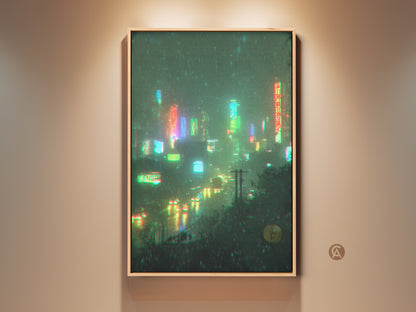 Neon Cityscape artwork on display. The framed canvas adds a touch of sophistication. The vivid colors and intricate details bring the cityscape to life. Perfect for urban art lovers. This piece captures the essence of a modern city. Get yours today!