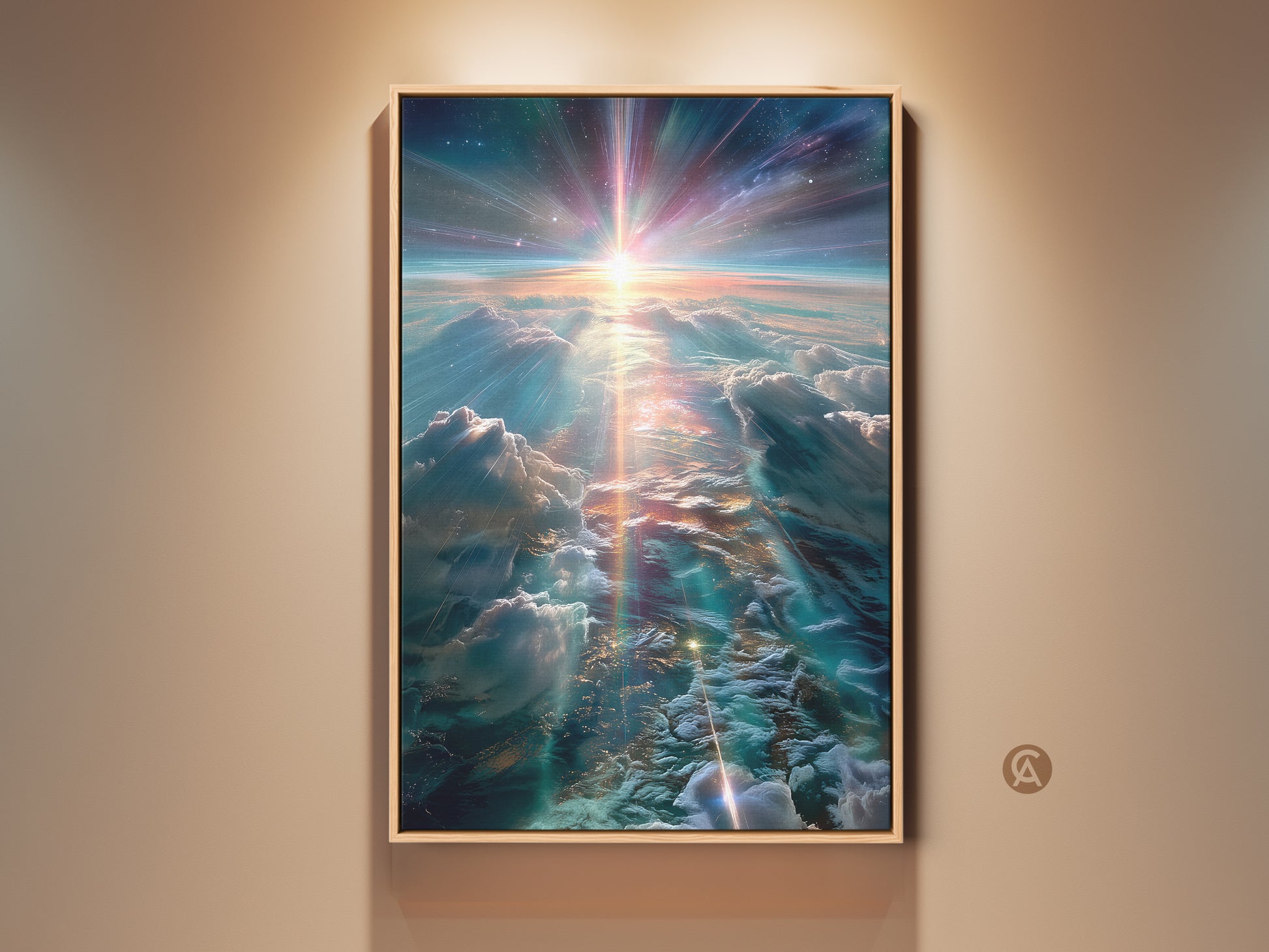 Framed artwork of a vibrant sky with clouds and cosmic light. This wall art adds a celestial touch to any room. The framed canvas enhances the art's beauty. The artwork is displayed in a home setting.