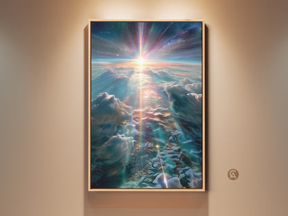 Framed artwork of a vibrant sky with clouds and cosmic light. This wall art adds a celestial touch to any room. The framed canvas enhances the art's beauty. The artwork is displayed in a home setting.