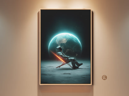 Framed futuristic space art print. It features an astronaut relaxing on the moon. Earth is glowing in the background. This surreal sci-fi canvas is perfect for bedroom wall decor. A great gift for space lovers. The frame enhances the contemporary feel of the artwork.
