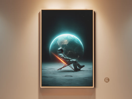 Framed futuristic space art print. It features an astronaut relaxing on the moon. Earth is glowing in the background. This surreal sci-fi canvas is perfect for bedroom wall decor. A great gift for space lovers. The frame enhances the contemporary feel of the artwork.