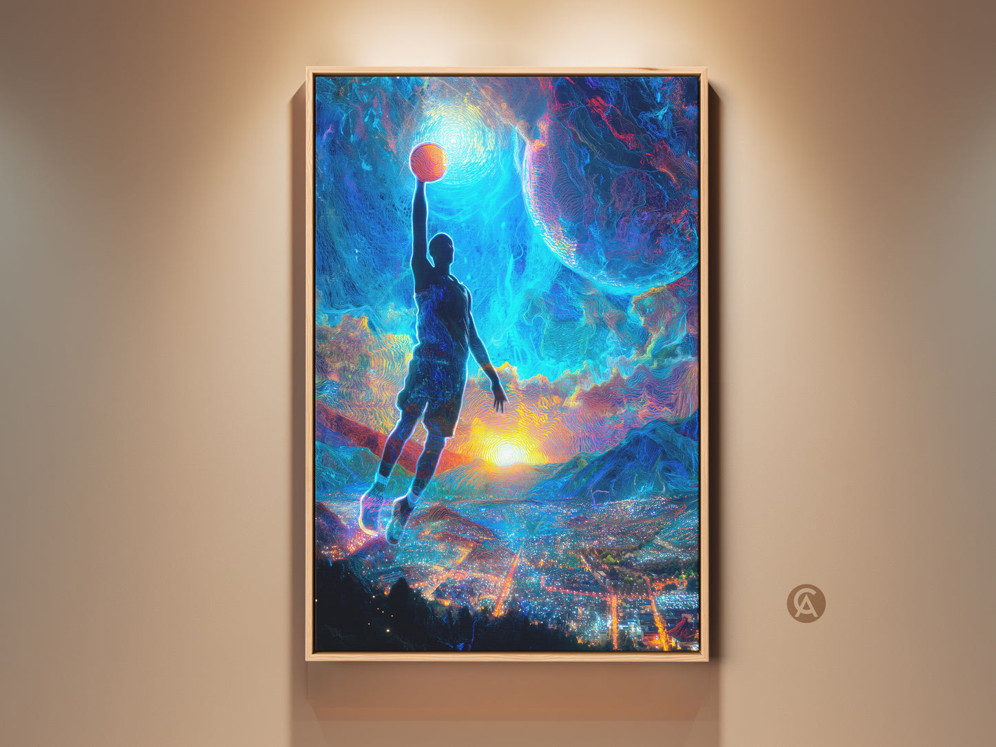 A basketball player soars for a slam dunk. Surreal digital artwork on canvas. The electric blue cityscape meets an orange sky. Unique wall decor for sports fans and modern art lovers. It is a perfect man cave artwork.
