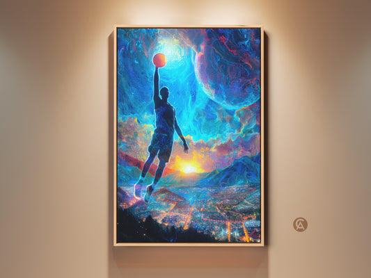 A basketball player soars for a slam dunk. Surreal digital artwork on canvas. The electric blue cityscape meets an orange sky. Unique wall decor for sports fans and modern art lovers. It is a perfect man cave artwork.