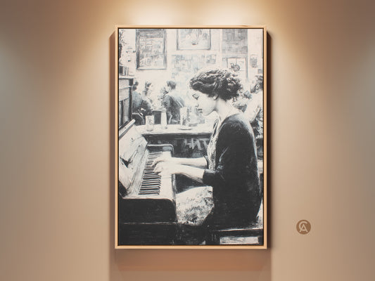 Framed artwork featuring a woman playing the piano. The art style is monochromatic. It is displayed against a neutral wall. The artwork adds a touch of musical elegance.