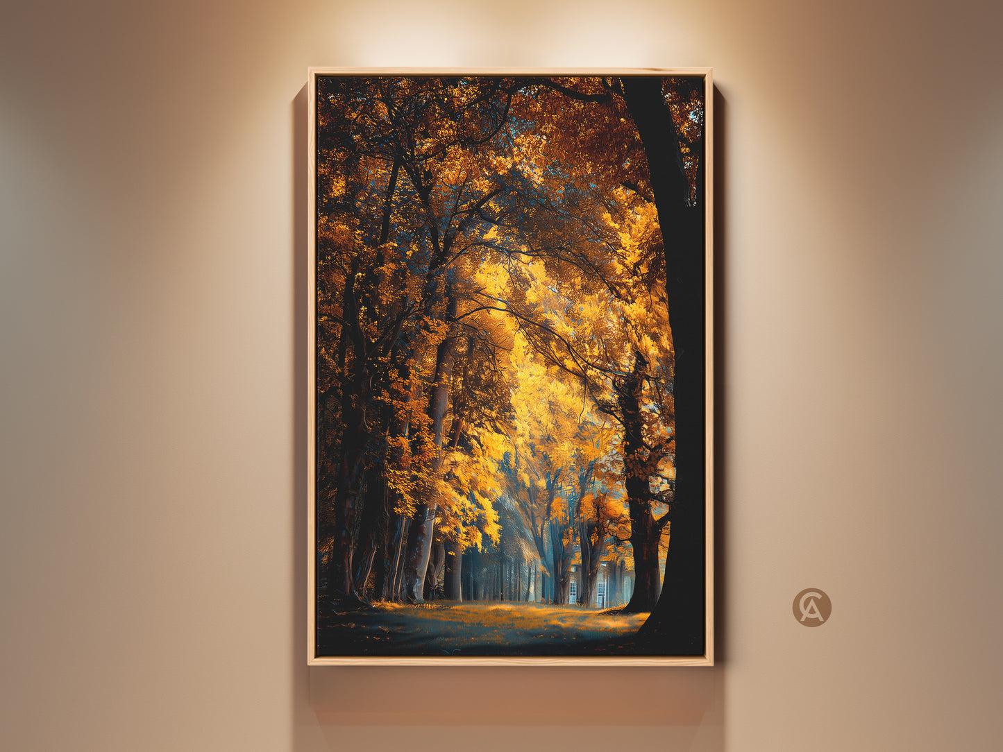 Framed autumn forest artwork. The wall art is a nature scene with golden leaves. The fine art print brings an outdoor landscape inside. Display a love for nature with wall decor.