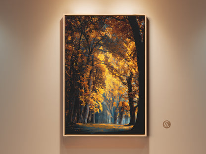 Framed autumn forest artwork. The wall art is a nature scene with golden leaves. The fine art print brings an outdoor landscape inside. Display a love for nature with wall decor.