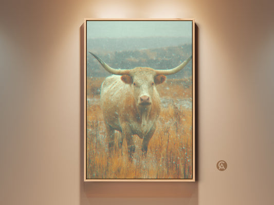 Framed longhorn cow canvas artwork. It features a portrait of a longhorn in a field. This wall art is showcased in a floating frame. A spotlight shines down on the artwork.