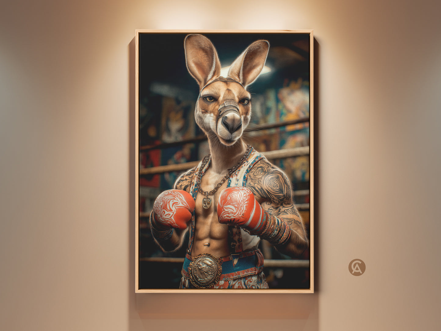 This canvas print showcases a surreal kangaroo boxer. The tattoo art style adds a unique touch to this eclectic animal artwork. It's perfect for office or home decor and is an ideal sports fan gift. The brown and orange tones create a striking visual impact in any room.