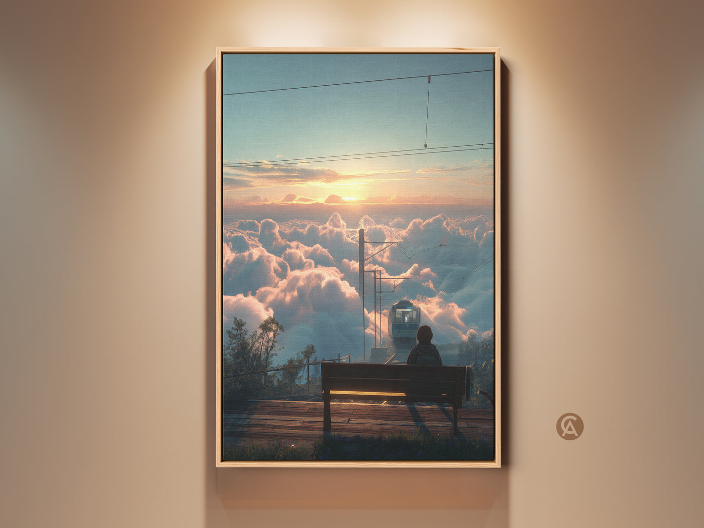 Sunrise landscape canvas print of a train above the clouds. This cinematic travel view is dreamy nature wall decor. The gold frame enhances the contemporary style. A perfect bedroom art gift for train and travel lovers. High-quality canvas brings the magic of a sunrise journey into your home.