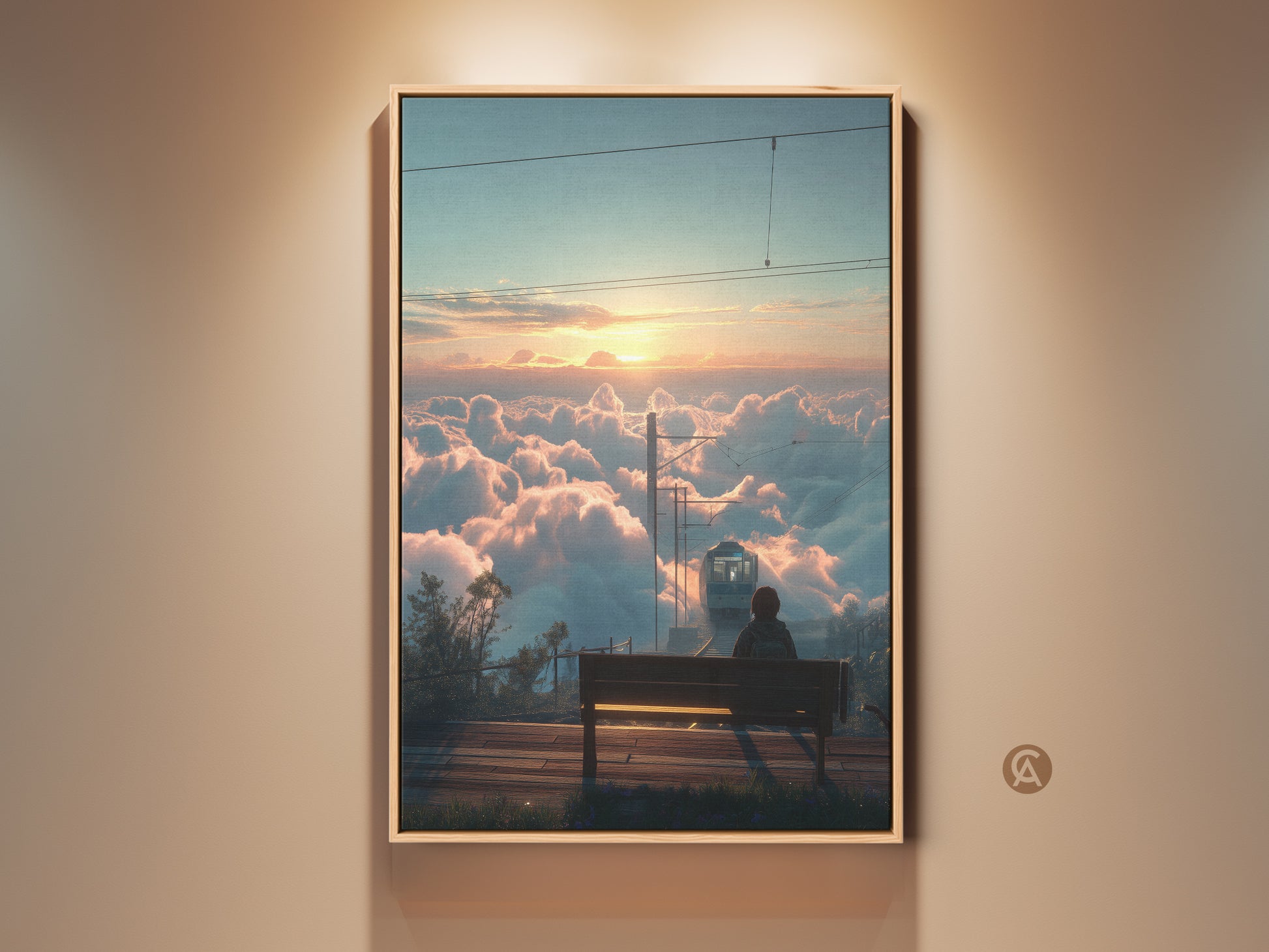 Sunrise landscape canvas print of a train above the clouds. This cinematic travel view is dreamy nature wall decor. The gold frame enhances the contemporary style. A perfect bedroom art gift for train and travel lovers. High-quality canvas brings the magic of a sunrise journey into your home.