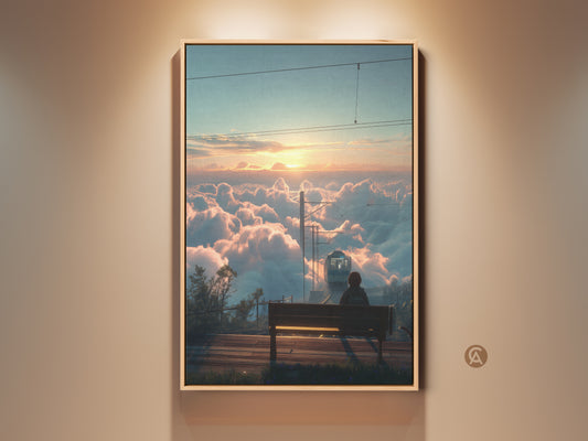 Sunrise landscape canvas print of a train above the clouds. This cinematic travel view is dreamy nature wall decor. The gold frame enhances the contemporary style. A perfect bedroom art gift for train and travel lovers. High-quality canvas brings the magic of a sunrise journey into your home.