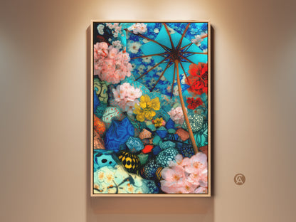 Elevate your space with this Eclectic Abstract Floral Canvas Print. This wall decor features a surreal umbrella botanical art piece. The vibrant blue pink and teal tones make it a perfect gift for any art enthusiast. The artwork’s mixed media collage art style adds a unique touch to bedroom decor. It’s unconventional and captivating. An ideal gift for art lovers appreciating surrealism in home decor.