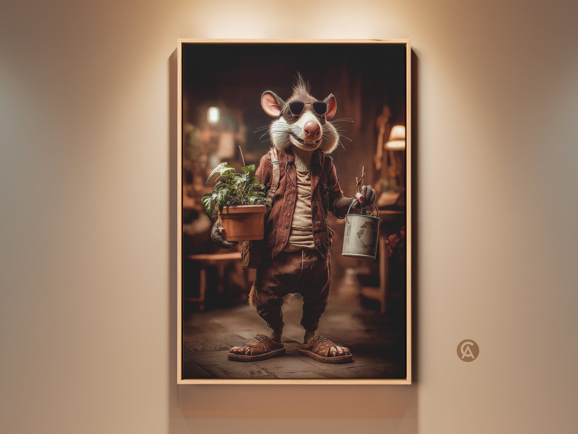 Whimsical rat art print displays a dressed rat. He's holding a potted plant and a paint can. It's a unique eclectic home accent. This tan brown art is ideal for bedroom or living room walls. Perfect animal lover gift art.