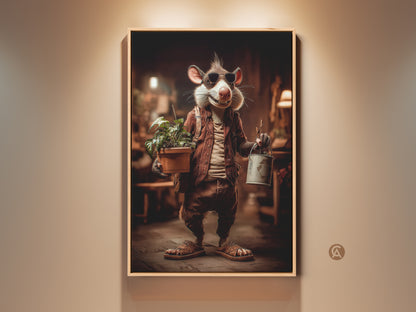 Whimsical rat art print displays a dressed rat. He's holding a potted plant and a paint can. It's a unique eclectic home accent. This tan brown art is ideal for bedroom or living room walls. Perfect animal lover gift art.