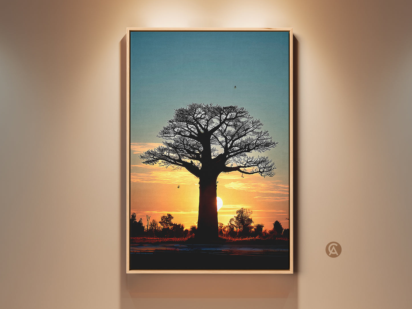 Framed Sunset Baobab Tree artwork. This piece features an African silhouette landscape. The warm orange and yellow hues create a boho bedroom wall decor. A unique travelers gift idea. Add a touch of serene nature to your home.