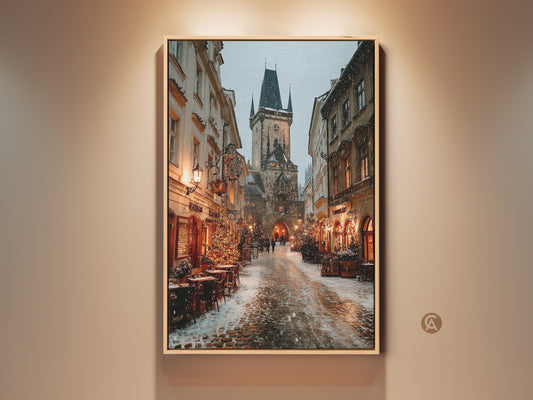 Vintage Christmas canvas print showcasing Prague's Old Town Square. The cozy winter street scene decor features a traditional cityscape wall art. Snowy cobblestone street artwork with festive architecture.