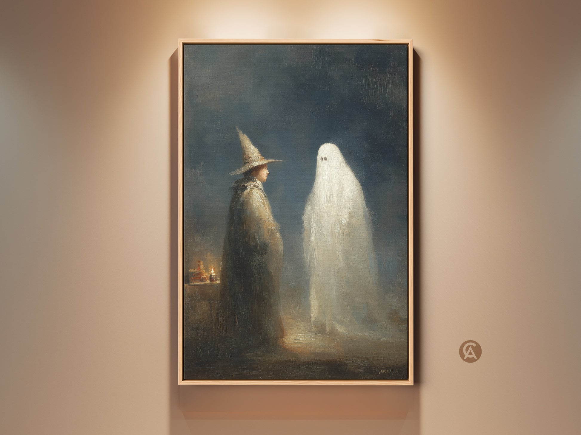 Gothic wizard and ghost art print in a wooden frame. This dark academia artwork features a supernatural fantasy scene. Perfect for eclectic gothic home decor. Add a spooky touch to your study room with this unique wall hanging.