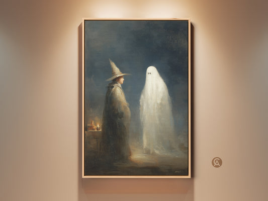 Gothic wizard and ghost art print in a wooden frame. This dark academia artwork features a supernatural fantasy scene. Perfect for eclectic gothic home decor. Add a spooky touch to your study room with this unique wall hanging.