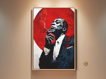 Monochrome jazz musician portrait art. A suited figure is smoking against a crimson and white backdrop. Expressionist style canvas wall art adds modern sophistication. Perfect gift for jazz and music lovers seeking unique office decor.