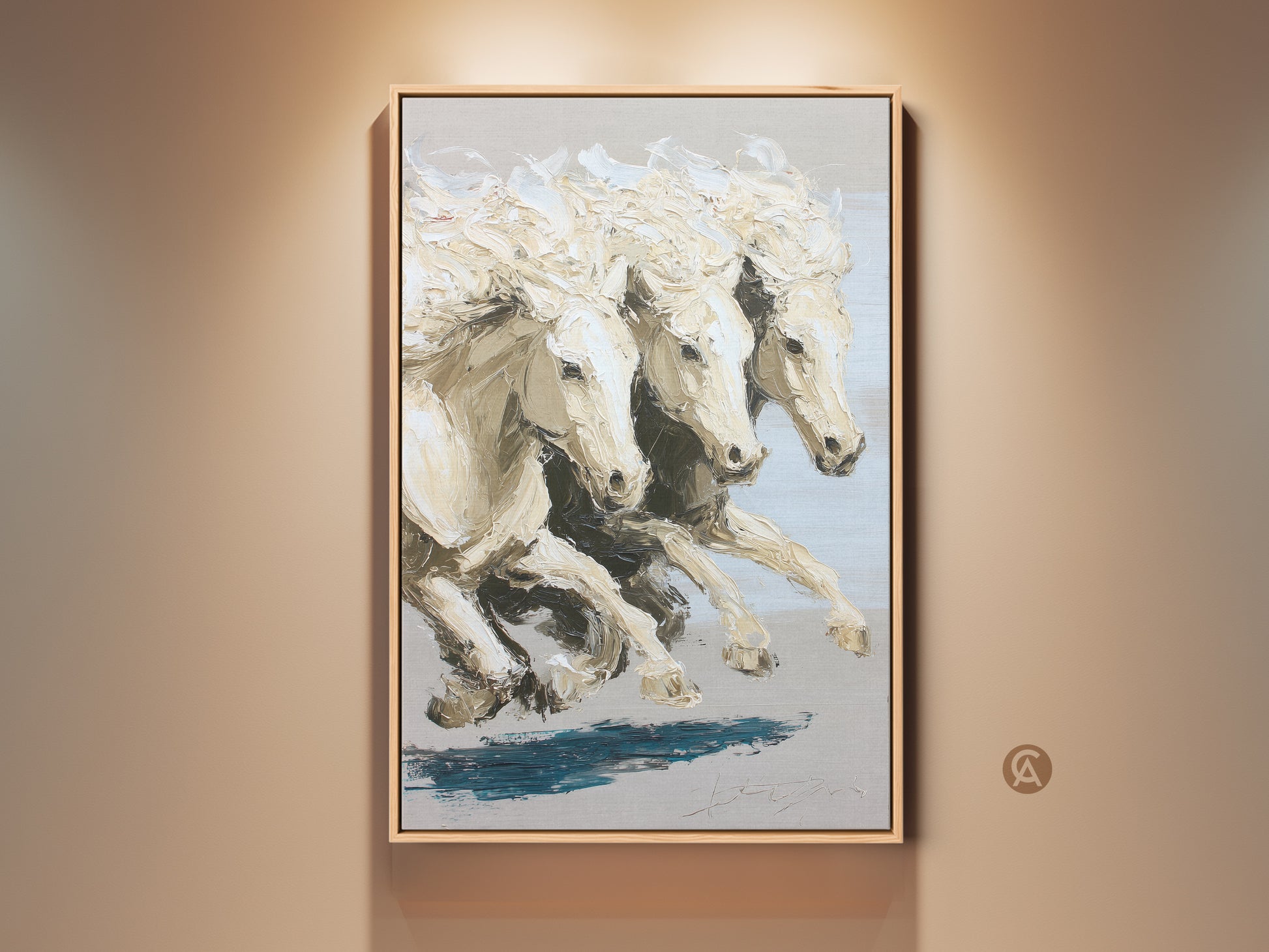 Contemporary cream neutral horse canvas art displayed in a well-lit room. The impressionistic white horses print brings an equestrian touch to modern wall decor. This animal artwork creates a calming focal point in any living space. Perfect as a gift for a horse lover adding elegance to any room.