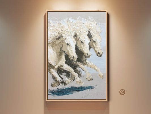 Contemporary cream neutral horse canvas art displayed in a well-lit room. The impressionistic white horses print brings an equestrian touch to modern wall decor. This animal artwork creates a calming focal point in any living space. Perfect as a gift for a horse lover adding elegance to any room.