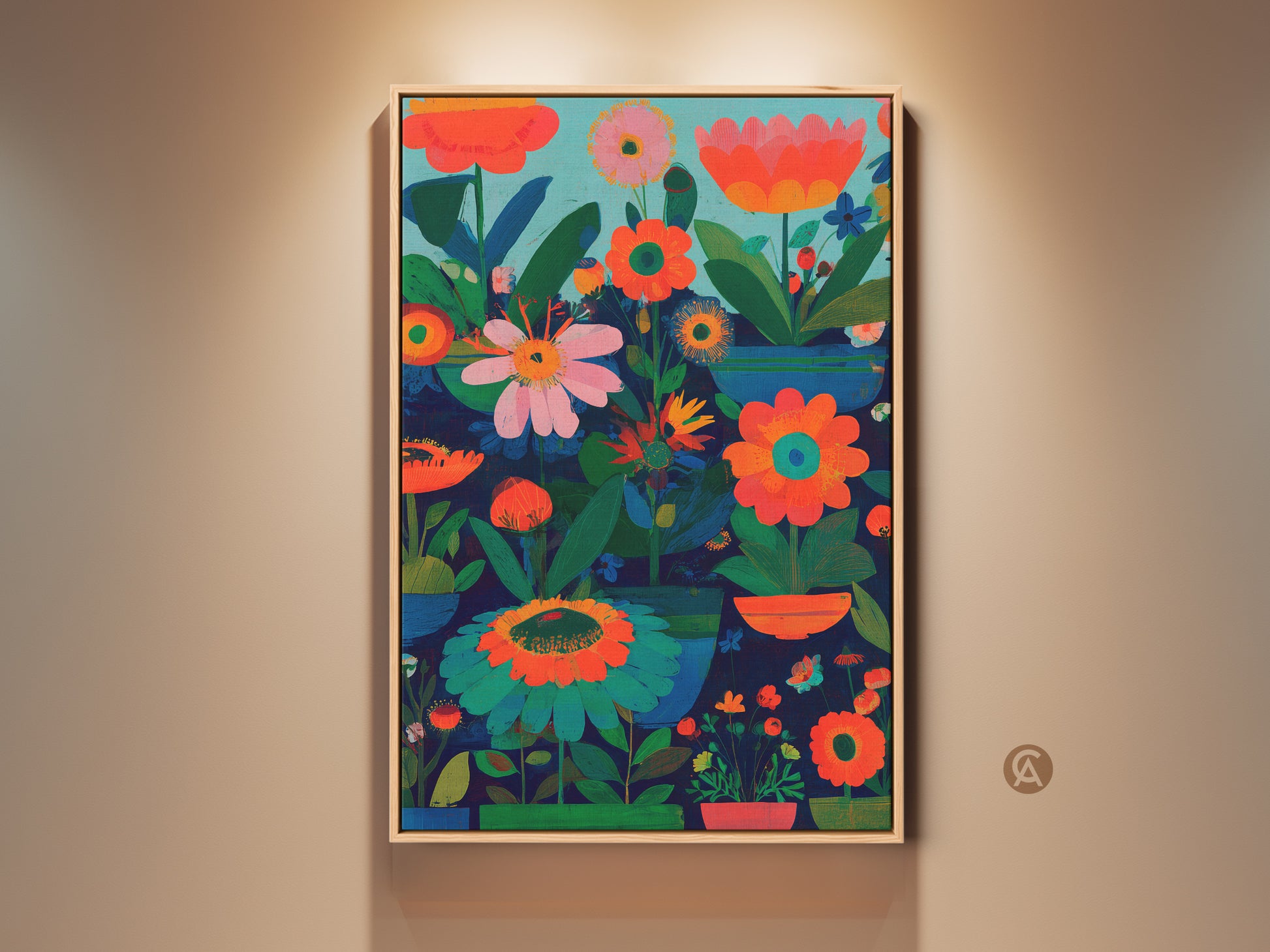Framed modern folk art print featuring abstract botanical artwork. The boho floral decor showcases dark blue orange and teal tones. It is a perfect gift for plant lovers. The artwork enhances bedroom wall art and eclectic living room decor.