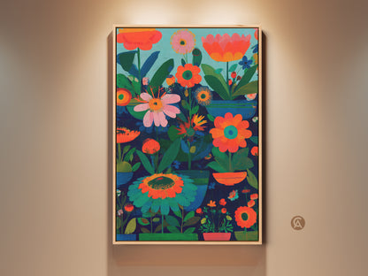 Framed modern folk art print featuring abstract botanical artwork. The boho floral decor showcases dark blue orange and teal tones. It is a perfect gift for plant lovers. The artwork enhances bedroom wall art and eclectic living room decor.