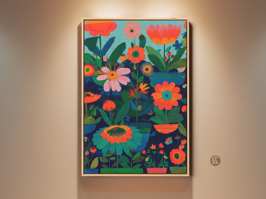 Framed modern folk art print featuring abstract botanical artwork. The boho floral decor showcases dark blue orange and teal tones. It is a perfect gift for plant lovers. The artwork enhances bedroom wall art and eclectic living room decor.