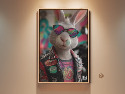 Punk rock bunny graffiti art print. The cool bunny wears sunglasses and a studded leather jacket. Perfect edgy wall decor for a teen room or man cave. This unique animal artwork brings a pop of alternative style to any space. Shop now for a bold statement piece. It is a great gift for music lovers