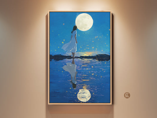 Bohemian celestial canvas art. A dreamy wall decor featuring a woman under the moon print. It has deep blue and gold wall decor. Perfect dreamy fantasy artwork for bedroom.