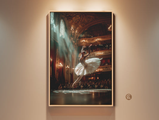A ballerina leaps across the stage in a stunning display of athleticism. The artwork captures the grace and power of ballet. The stage is set in a grand theater with the audience watching the performance. This framed art print is perfect for dance lovers.