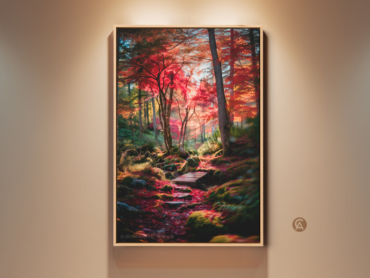 Fine art print of a vibrant autumn forest scene. A wooden boardwalk leads through colorful red foliage. The artwork is framed in a natural wood finish. Perfect wall art to bring nature indoors.