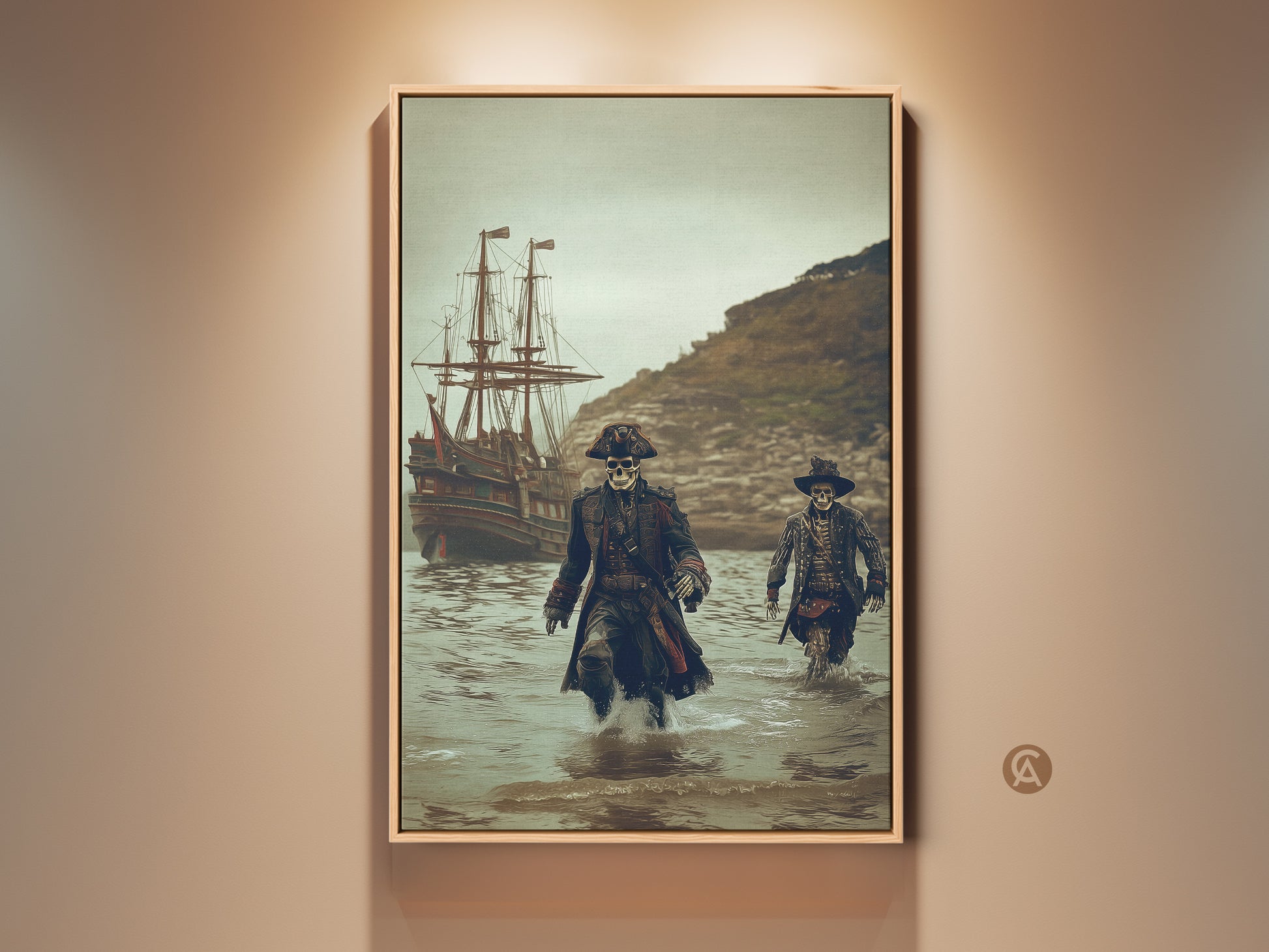 Gothic Skeleton Pirates emerge from the water in this striking art print. A majestic galleon ship sits in the background. This nautical canvas art features deep teal and brown tones. Perfect wall decor for a man cave or office. A unique conversation starter for any space.