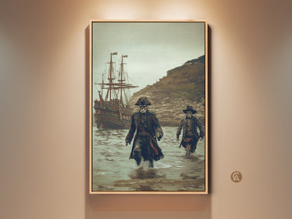 Gothic Skeleton Pirates emerge from the water in this striking art print. A majestic galleon ship sits in the background. This nautical canvas art features deep teal and brown tones. Perfect wall decor for a man cave or office. A unique conversation starter for any space.