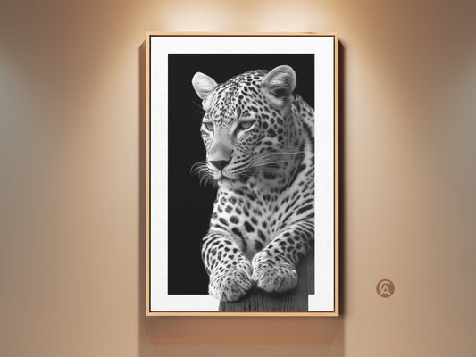Framed monochrome leopard canvas print hangs on a neutral wall. Sophisticated wildlife art brings a touch of wild beauty to your living space. Contemporary animal artwork is perfect for bedroom wall decor or as a unique housewarming gift. Shop now!