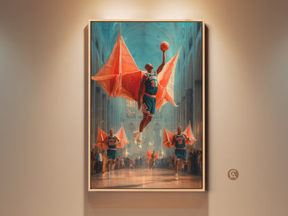 A surreal basketball canvas print showcases a dunking player in mid-air. The cathedral backdrop and orange teal blue palette create an eclectic sports decor. This unique sports artwork is a great gift for basketball fans adding a modern touch to any office or man cave. Ready to hang and visually striking art.