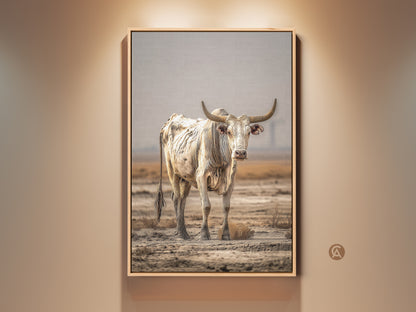 A framed canvas print features a cream and brown bull. This farmhouse animal wall art brings rustic charm. The tan artwork is a perfect housewarming gift. The bull stands in a field with a muted skyline. It's a textured animal canvas that enhances neutral farmhouse decor.