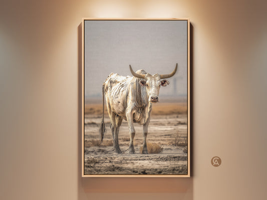 A framed canvas print features a cream and brown bull. This farmhouse animal wall art brings rustic charm. The tan artwork is a perfect housewarming gift. The bull stands in a field with a muted skyline. It's a textured animal canvas that enhances neutral farmhouse decor.