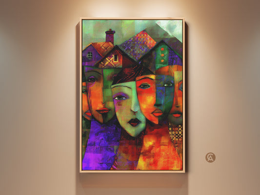 Expressionist faces and folk art houses canvas print. This eclectic wall art features colorful people artwork with orange red and green houses. A perfect housewarming gift art for entry halls or living rooms. The abstract print adds a unique touch to any home decor. It is ideal for art lovers seeking bohemian wall hangings.