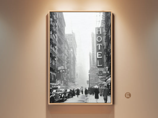Retro urban art print featuring a vintage cityscape canvas. The black and white hotel cafe scene offers industrial loft wall decor. This noir street scene artwork adds classic city photography to any space. A perfect retro travel gift or housewarming present.