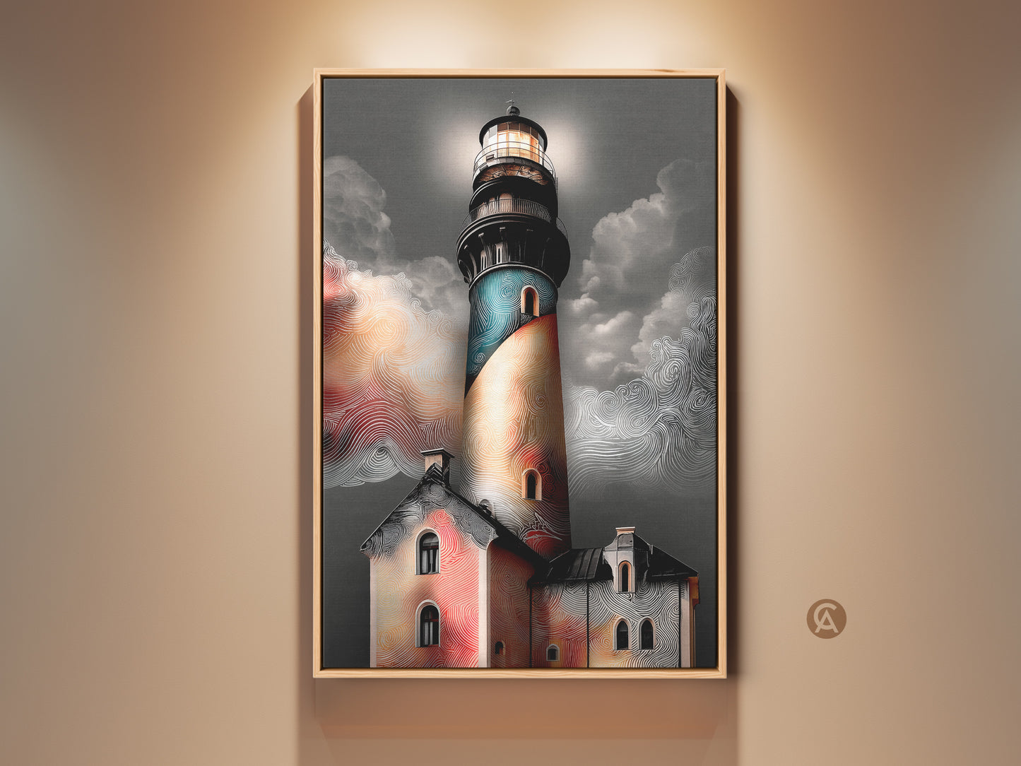 Nautical Lighthouse Art Print for coastal homes. This framed canvas artwork showcases a teal orange and grey palette. Perfect for entryway wall decor or a housewarming gift. The coastal landscape brings a maritime charm.