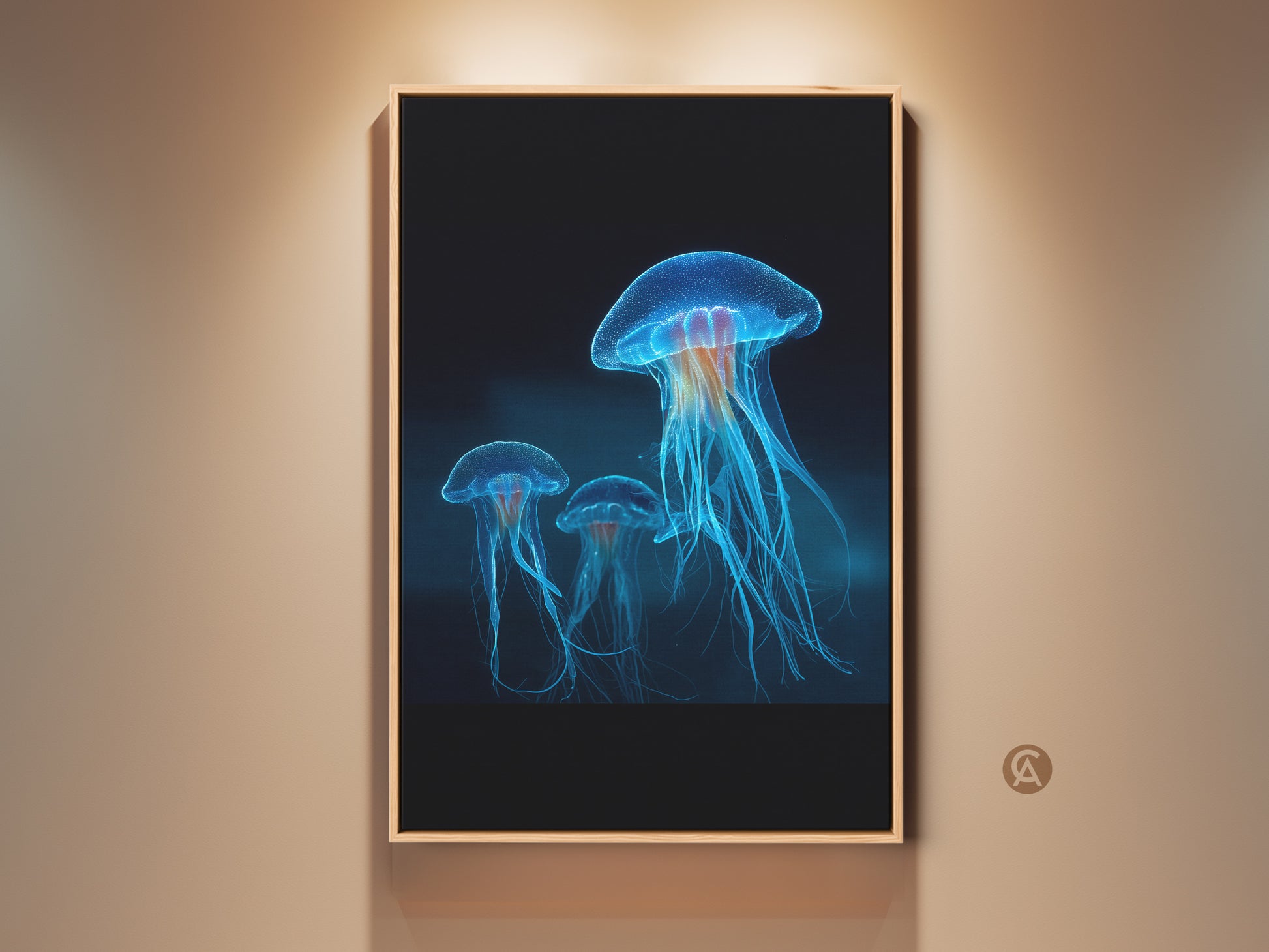 Bioluminescent Jellyfish Canvas Art is displayed in a living room setting. Electric blue light illuminates the abstract underwater glow decor. Marine biology meets contemporary bedroom art in this unique wall hanging.