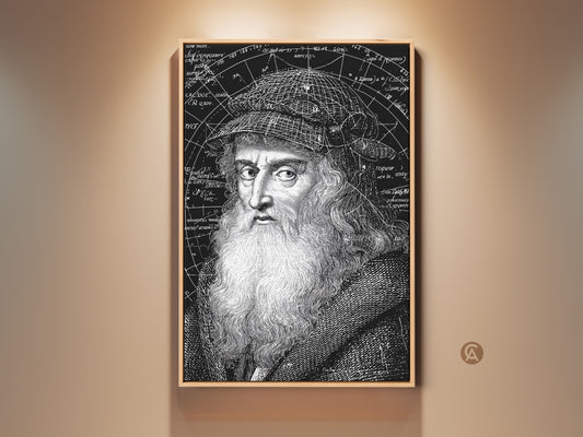 This wall art features a vintage black and white engraving of Leonardo da Vinci. The artwork includes a celestial map background. Ideal study room decor. A historical portrait adds intellectual charm to any space. Perfect for science and art enthusiasts.