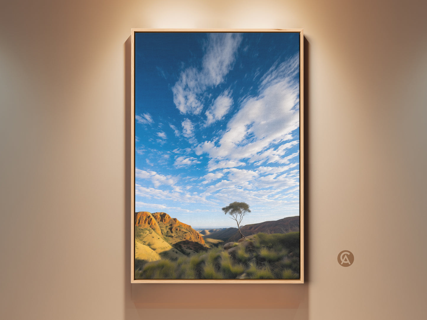 Framed scenic Outback landscape canvas art featuring photorealistic Australian mountains and a lone tree. The blue sky nature print brings the beauty of the outdoors inside. Perfect wall decor for home or office this artwork adds a touch of contemporary nature to any space.