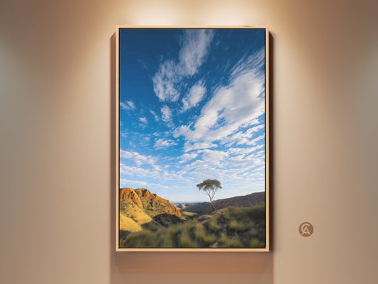Framed scenic Outback landscape canvas art featuring photorealistic Australian mountains and a lone tree. The blue sky nature print brings the beauty of the outdoors inside. Perfect wall decor for home or office this artwork adds a touch of contemporary nature to any space.