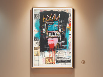This is a vibrant Basquiat-style artwork. The painting features a crowned figure with bold colors and graffiti elements. The artwork is framed and displayed against a neutral wall. Shop now for this unique statement piece