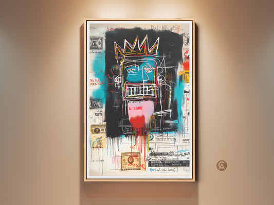 This is a vibrant Basquiat-style artwork. The painting features a crowned figure with bold colors and graffiti elements. The artwork is framed and displayed against a neutral wall. Shop now for this unique statement piece