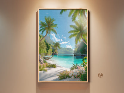 Framed beach artwork showcasing a tropical paradise. Palm trees frame a serene turquoise bay. White sand meets lush greenery in this tranquil coastal scene. Bring the beauty of a secluded beach to your home with this stunning framed art.